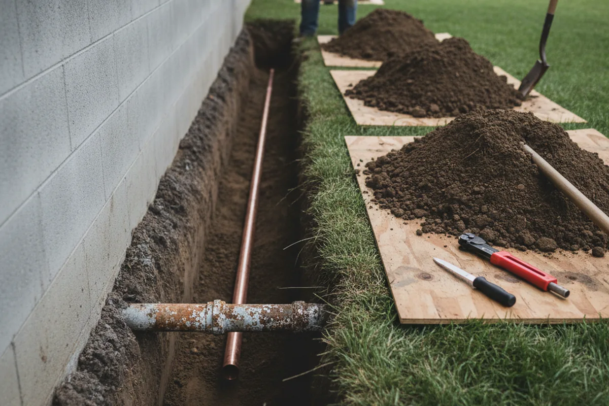 Excavated water line trench during Water Softener Installation in Lake View